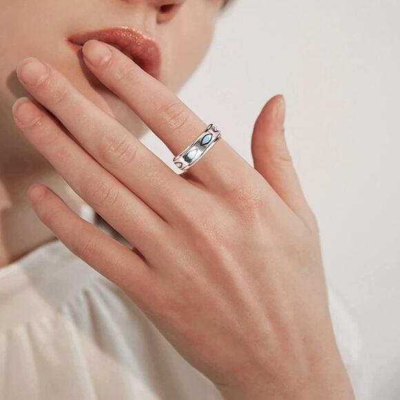 316L Stainless Silver & Blue Evil Eye Fidget Anxiety Stress Relieving Spin Ring - Picture 3 of 5